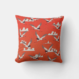 Red Asian Crane Pattern Throw Pillow