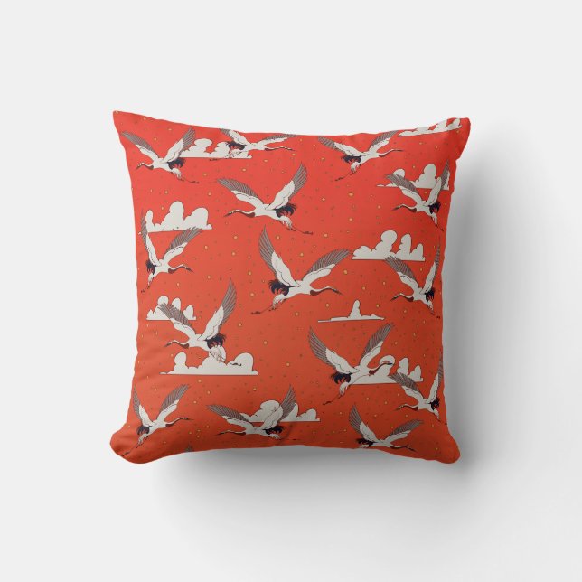 Red Asian Crane Pattern Throw Pillow (Front)