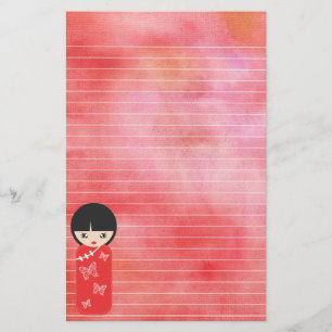 Red Asian Doll Against Red Lined Watercolor Stationery
