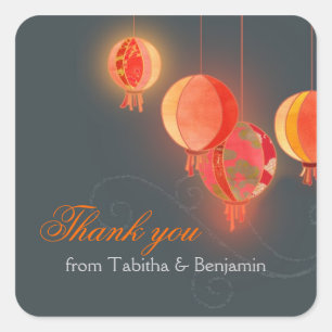 Red Asian Lanterns Grey Wedding Thank You Square Sticker