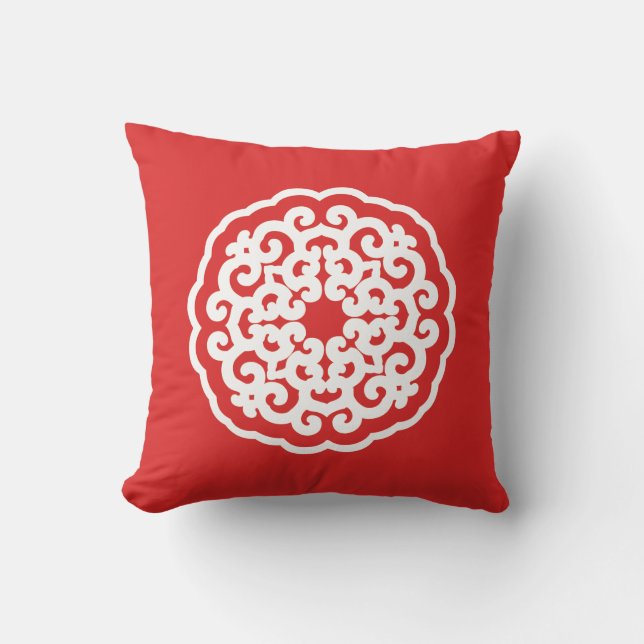 Red Asian Moods Mandalla Throw Pillow (Front)