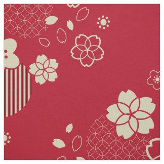 Red Asian pattern with spring flowers Fabric
