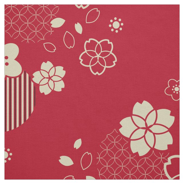 Red Asian pattern with spring flowers Fabric (Swatch)