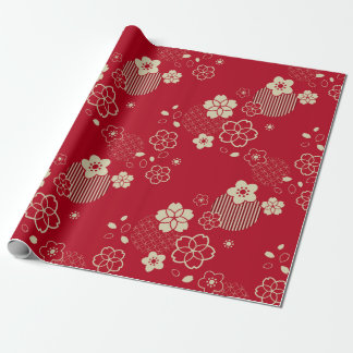 Red Asian pattern with spring flowers Wrapping Paper