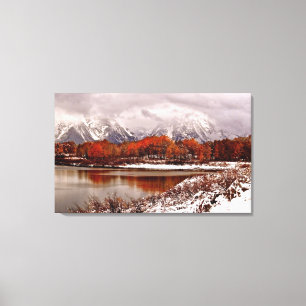 Red aspens reflections after first winter storm canvas print