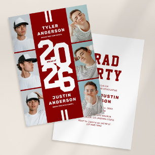 Red Athlete Photo Collage Joint Graduation Party Invitation