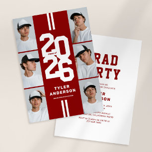 Red Athletic Grad Photo Collage Graduation Party Invitation
