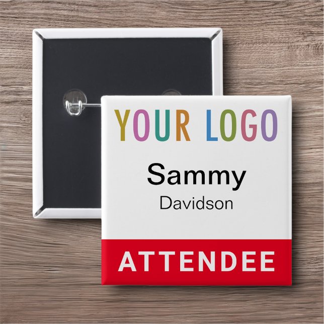 Red Attendee Name Badge Event Logo Pinback Square 2 Inch Square Button (MISOOK Square Pin Back Name Button for Attendee with Logo Red)