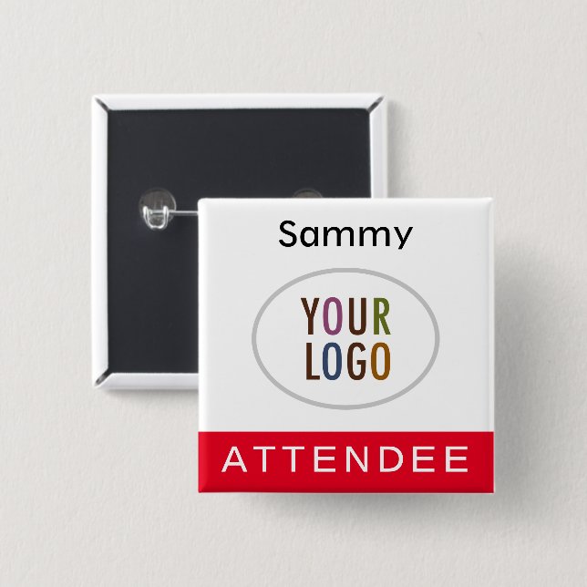 Red Attendee Name Badge with Logo Pinback Square 2 Inch Square Button (Front & Back)