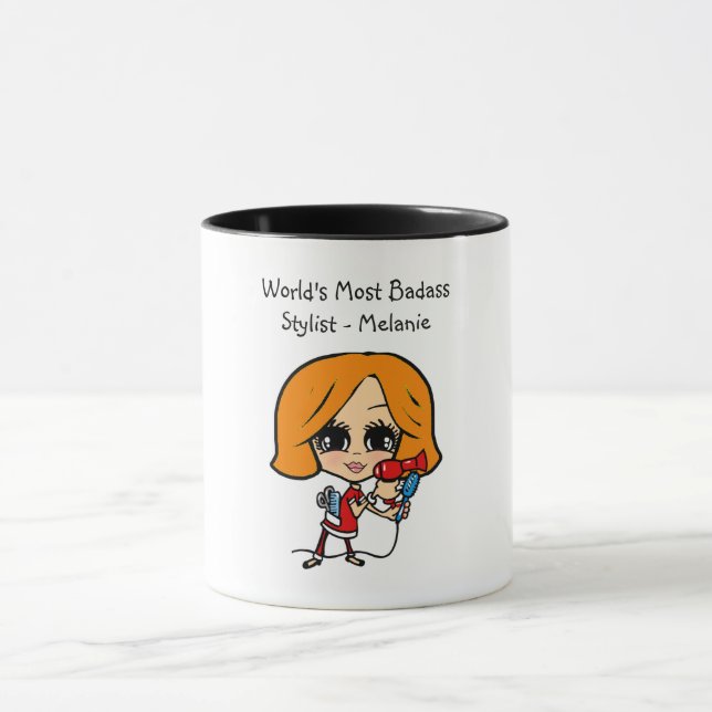 Red Auburn Hair Stylist Caricature Personalized Mug (Center)