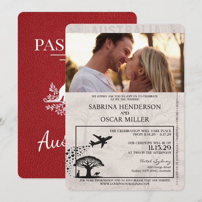 Red Australia Passport Wedding Invitation (Front/Back)