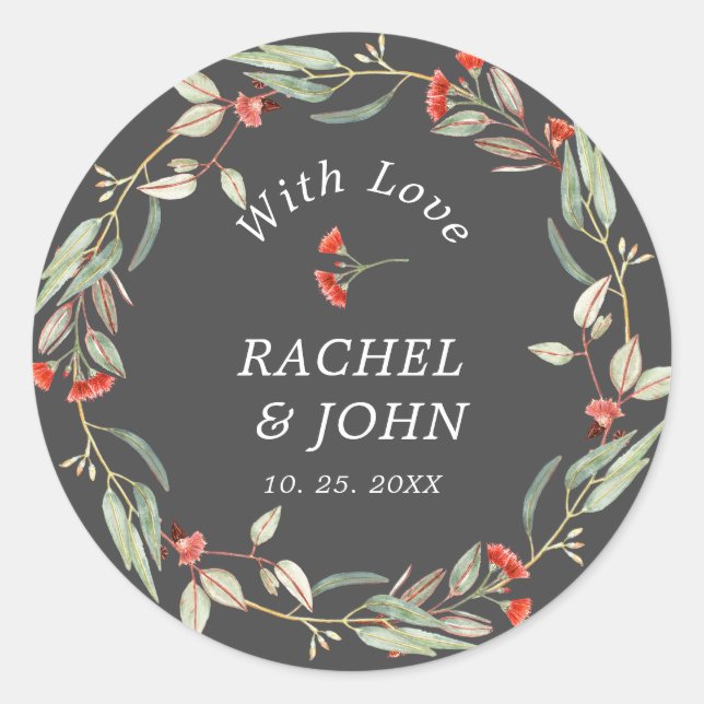 Red Australian Floral Wreath With Love Grey Classic Round Sticker (Front)