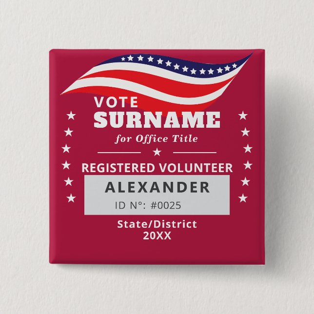 RED Authorized Volunteer 2026 Midterm Elections ID 2 Inch Square Button (Front)