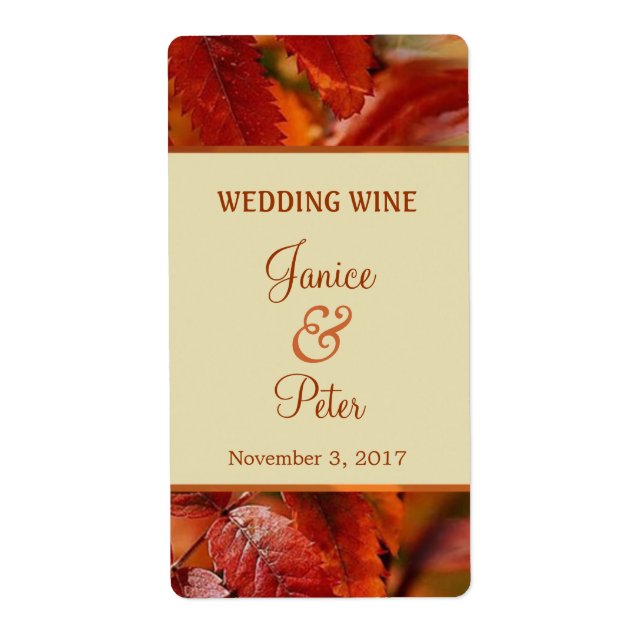 Red Autumn fall leaves Wedding Wine Label