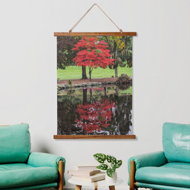 Red Autumn Leaves Reflected in Pond Hanging Tapestry (Living Room)