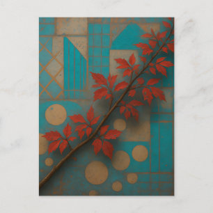 Red Autumn Leaves Turquoise Geometric Mosaic Postcard