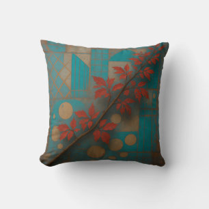 Red Autumn Leaves Turquoise Geometric Mosaic Throw Pillow