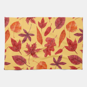 Red autumn leaves watercolor kitchen towel