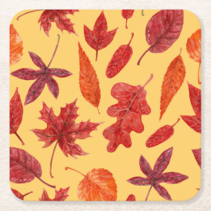 Red autumn leaves watercolor square paper coaster