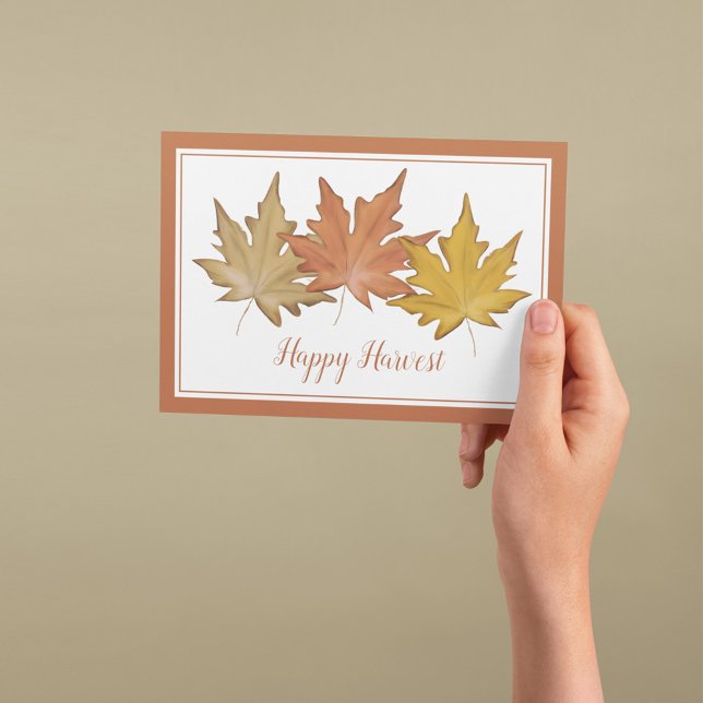 Red Autumn Maple Leaf Elegant Rustic Harvest Holiday Card (Autumn greeting card featuring watercolor maple leaves and a warm Happy Harvest message.)