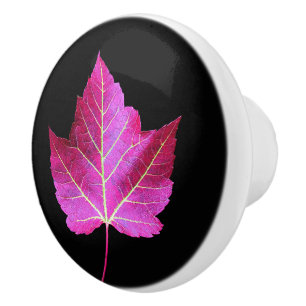 Red Autumn Maple Leaf on Black Background Ceramic Knob
