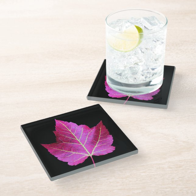 Red Autumn Maple Leaf on Black Background Glass Coaster (Angled)