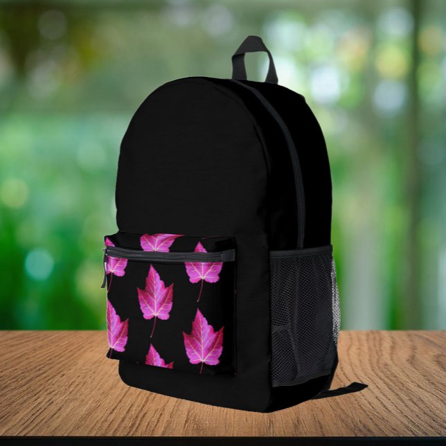 Red Autumn Maple Leaf Pattern on Black Background Printed Backpack (In Situ)