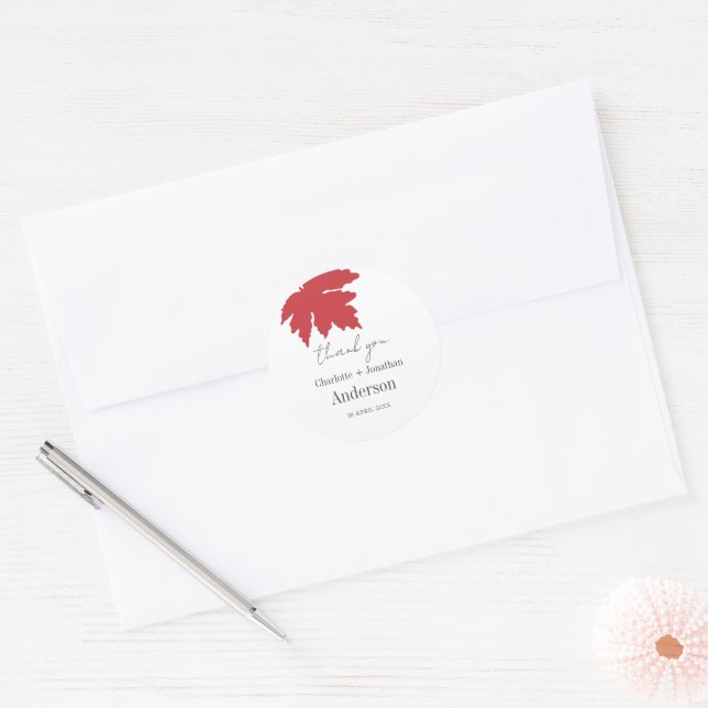 Red Autumn Maple Leaf Wedding Favours Thank You Classic Round Sticker (Envelope)