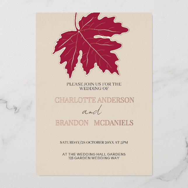Red Autumn Maple Leaf Wedding Rose Gold (Front)