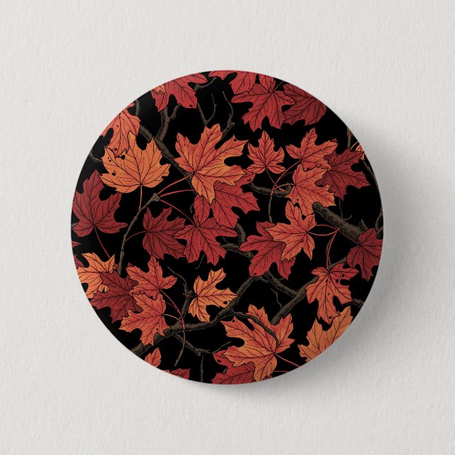 Red Autumn maple leaves on black 2 Inch Round Button (Front)