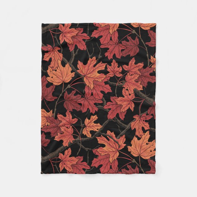 Red Autumn maple leaves on black Fleece Blanket (Front)