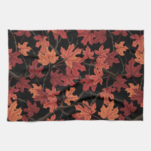 Red Autumn maple leaves on black Kitchen Towel