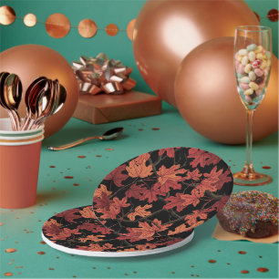 Red Autumn maple leaves on black Paper Plate