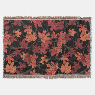 Red Autumn maple leaves on black Throw Blanket
