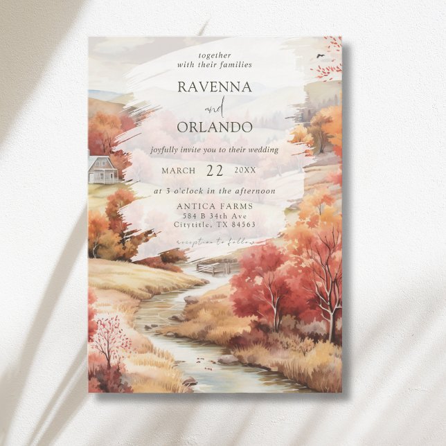 Red Autumn River Forest Fall Wedding Invitation (Creator Uploaded)