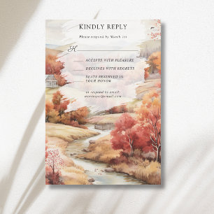 Red Autumn River Forest Fall Wedding RSVP Card