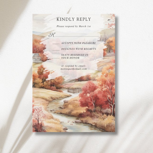Red Autumn River Forest Fall Wedding RSVP Card (Creator Uploaded)