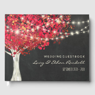 Red Autumn Tree & String Lights Wedding Guest Book