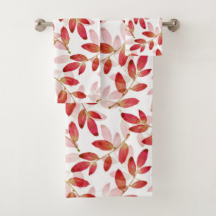 Red Autumn Watercolor Layered Leaves Pattern Bath Towel Set