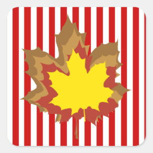 Red Autumnal Stripes with Leaves Square Sticker