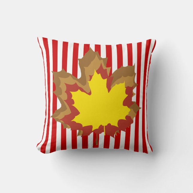 Red Autumnal Stripes with Leaves Throw Pillow (Front)