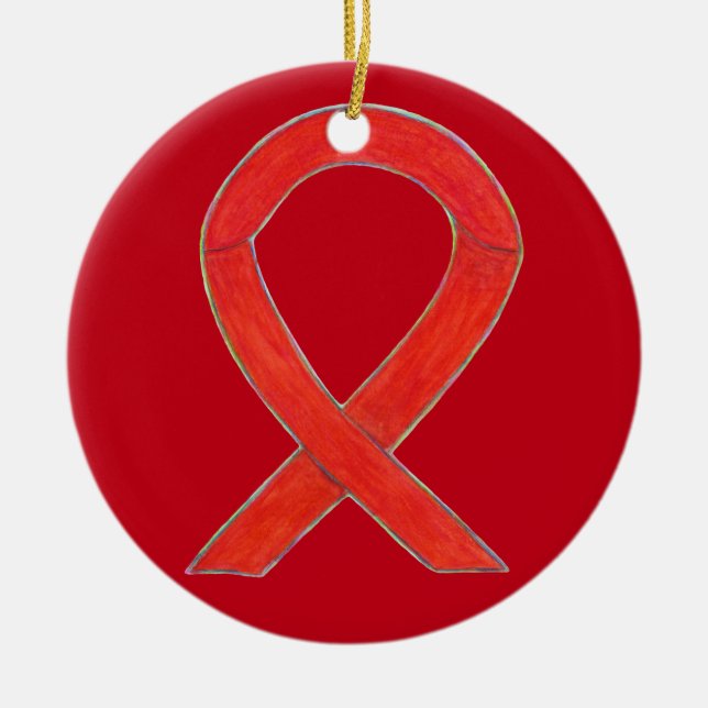 Red Awareness Ribbon Custom Art Ornaments (Front)