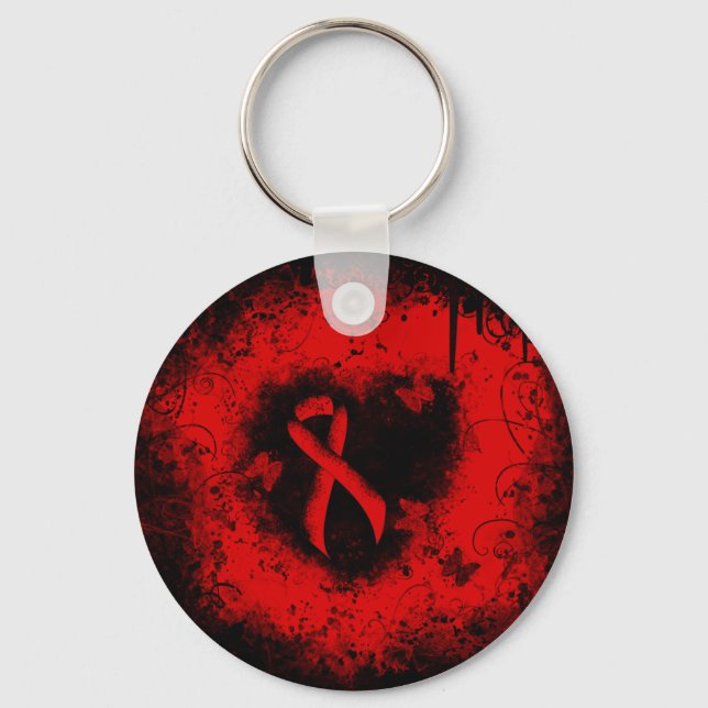 Red Awareness Ribbon Grunge Heart Keychain (Front)