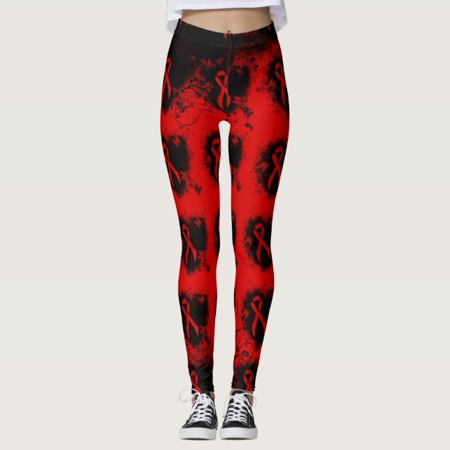 Red Awareness Ribbon Grunge Heart Leggings (Front)