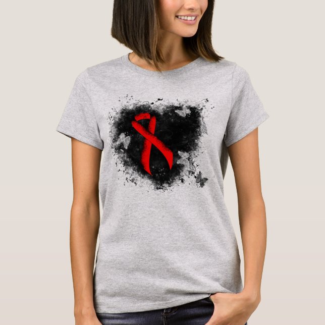 Red Awareness Ribbon Grunge Heart T-Shirt (Front)