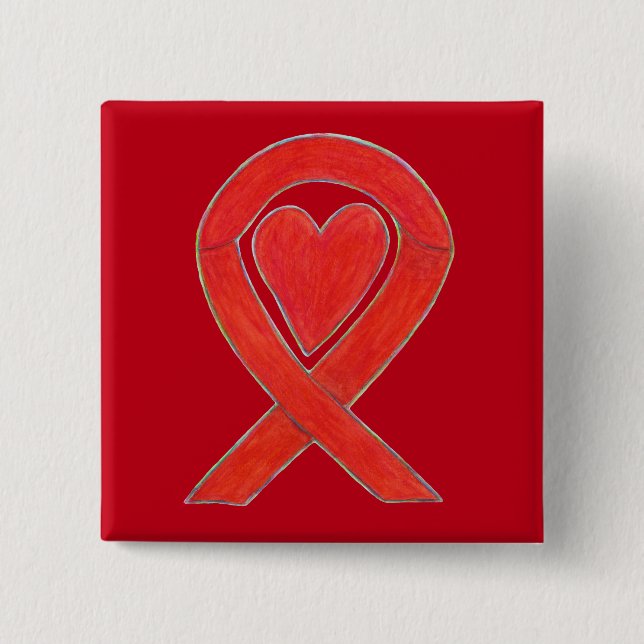 Red Awareness Ribbon Heart Custom Pin Buttons (Front)