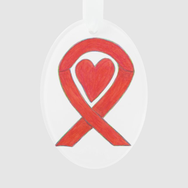 Red Awareness Ribbon Heart Holiday Art Ornaments (Front)