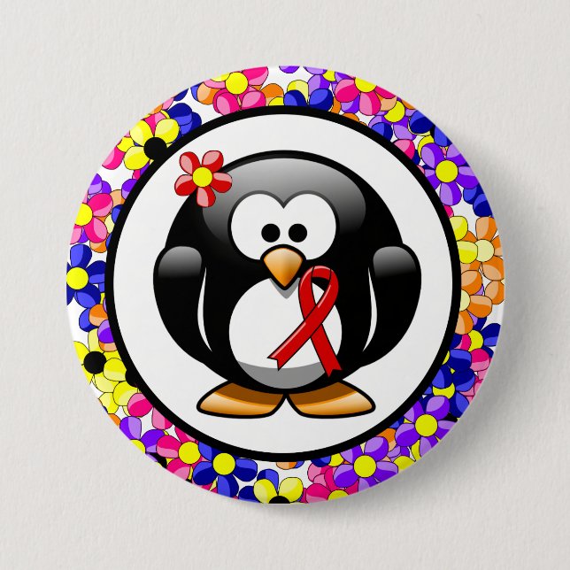 Red Awareness Ribbon Penguin 3 Inch Round Button (Front)
