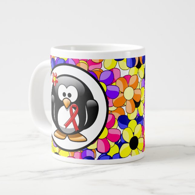 Red Awareness Ribbon Penguin Large Coffee Mug (Front Left)