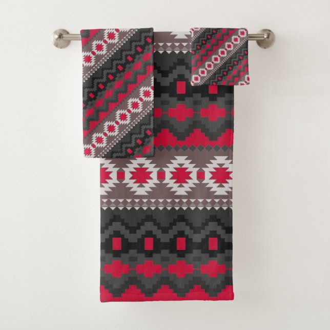Red aztec pattern   bath towel set (Insitu)